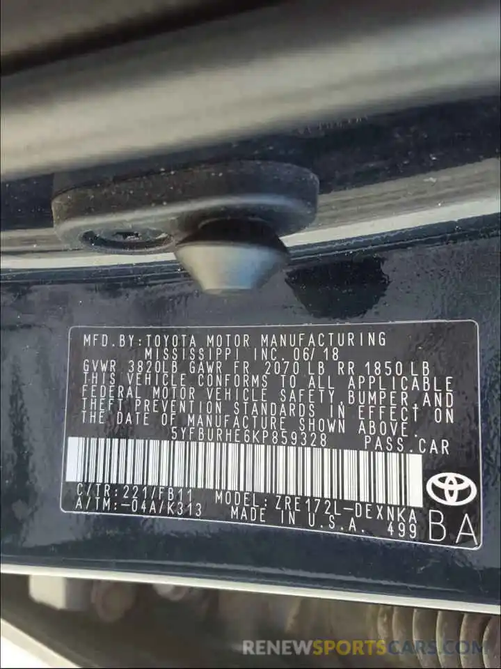 10 Photograph of a damaged car 5YFBURHE6KP859328 TOYOTA COROLLA 2019