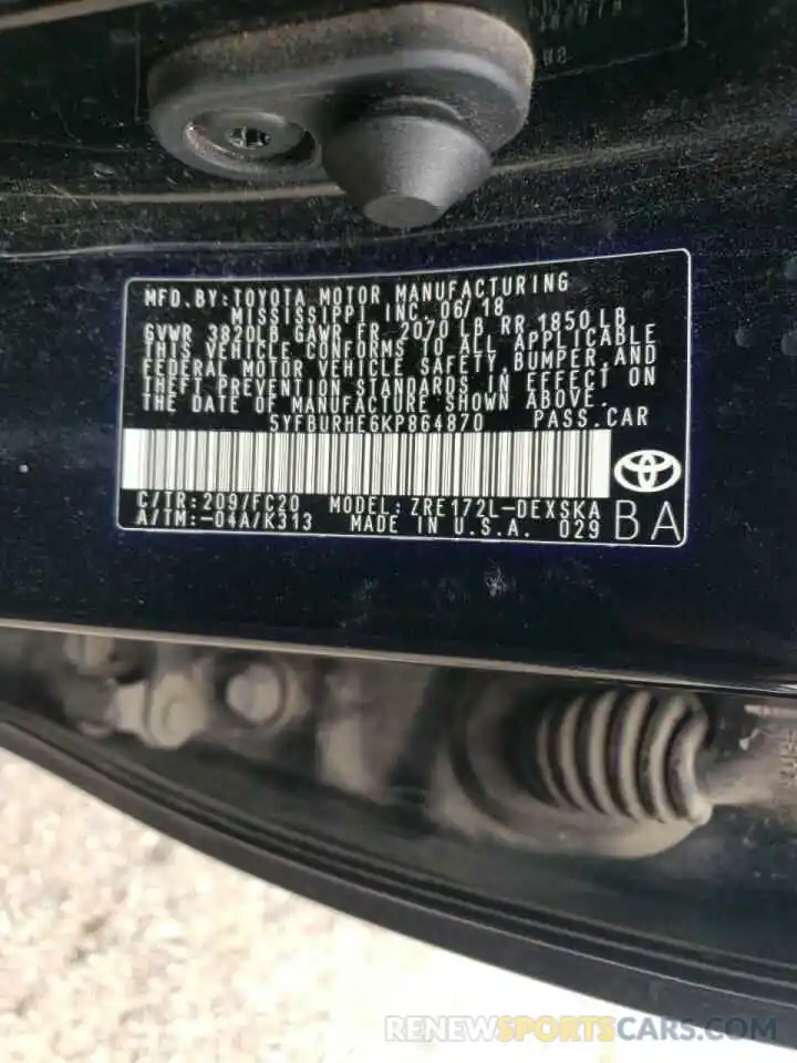 10 Photograph of a damaged car 5YFBURHE6KP864870 TOYOTA COROLLA 2019