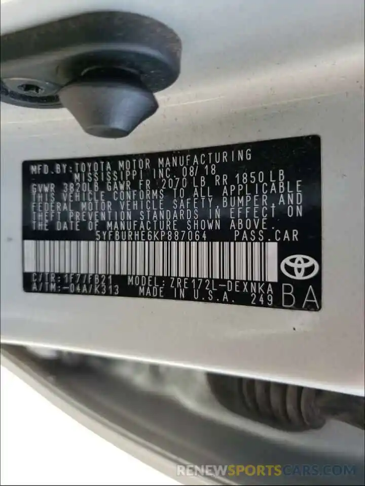 10 Photograph of a damaged car 5YFBURHE6KP887064 TOYOTA COROLLA 2019