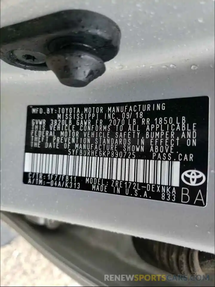 10 Photograph of a damaged car 5YFBURHE6KP890725 TOYOTA COROLLA 2019