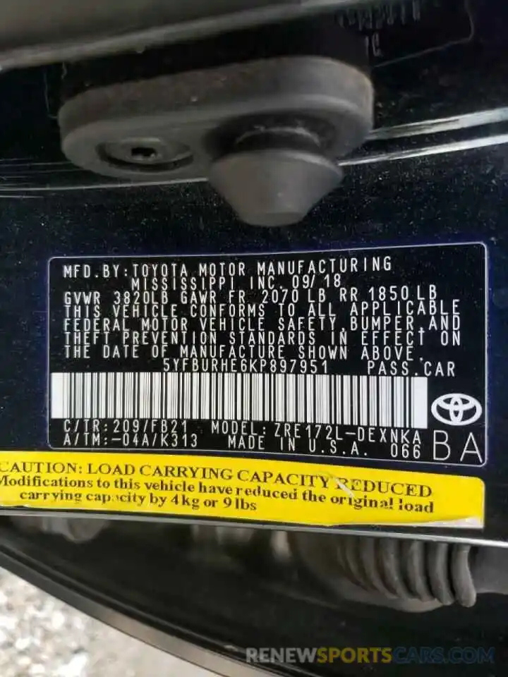 10 Photograph of a damaged car 5YFBURHE6KP897951 TOYOTA COROLLA 2019