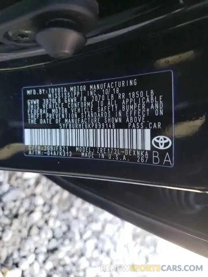 10 Photograph of a damaged car 5YFBURHE6KP899148 TOYOTA COROLLA 2019