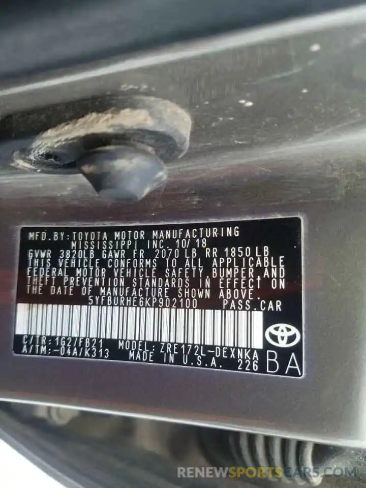 10 Photograph of a damaged car 5YFBURHE6KP902100 TOYOTA COROLLA 2019