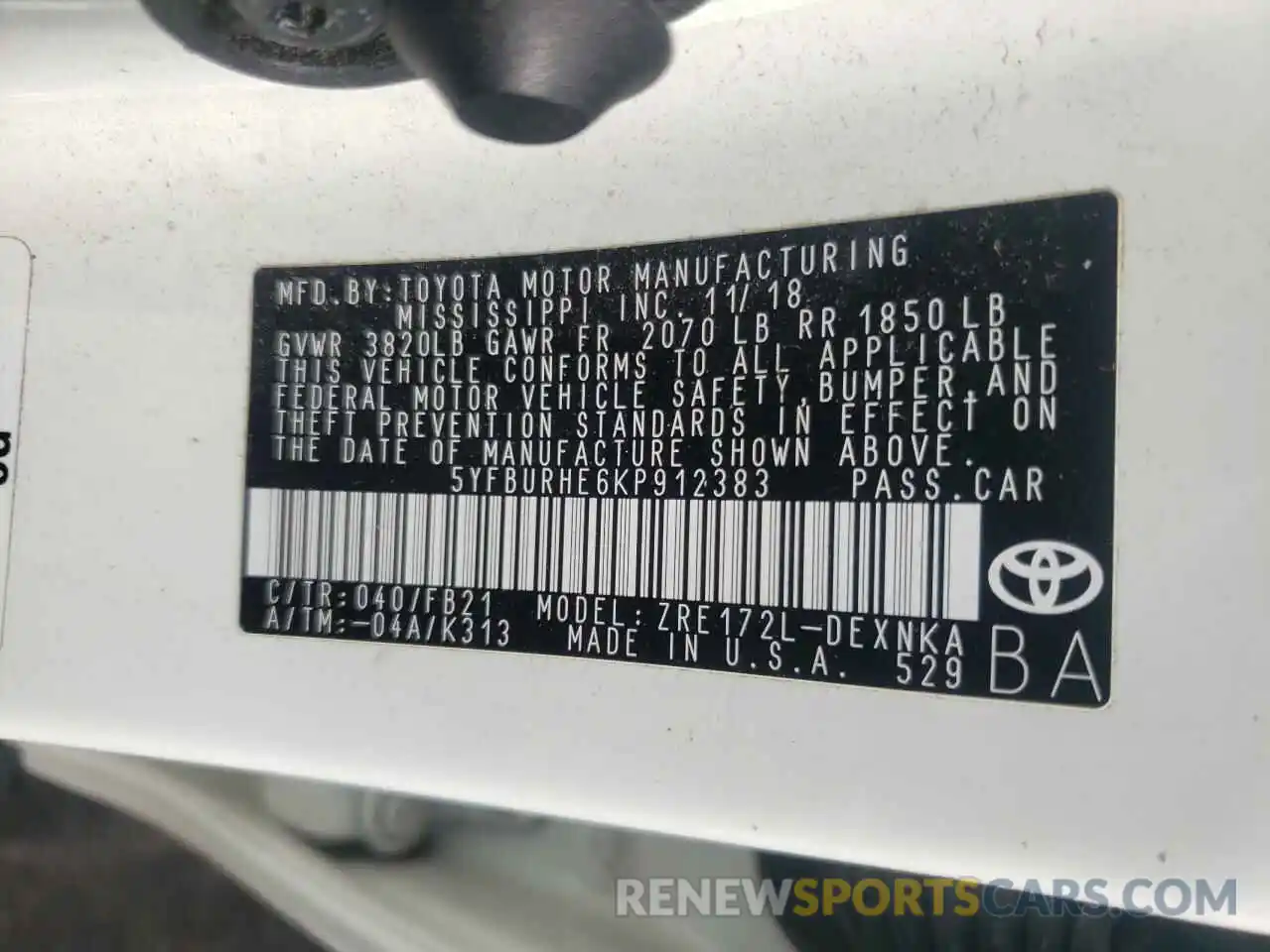 10 Photograph of a damaged car 5YFBURHE6KP912383 TOYOTA COROLLA 2019