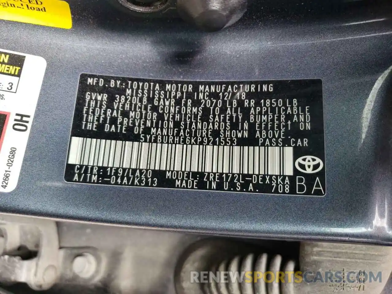 12 Photograph of a damaged car 5YFBURHE6KP921553 TOYOTA COROLLA 2019