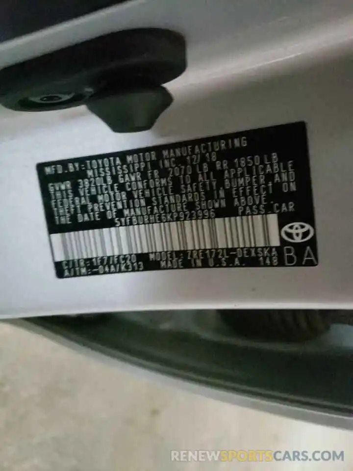 10 Photograph of a damaged car 5YFBURHE6KP923996 TOYOTA COROLLA 2019