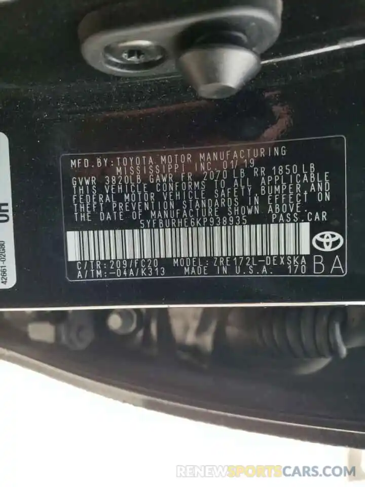 10 Photograph of a damaged car 5YFBURHE6KP938935 TOYOTA COROLLA 2019