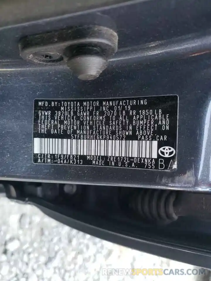 10 Photograph of a damaged car 5YFBURHE6KP940572 TOYOTA COROLLA 2019