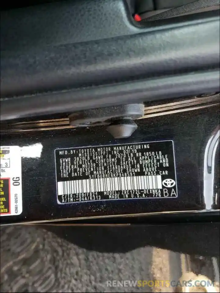 10 Photograph of a damaged car 5YFBURHE6KP948591 TOYOTA COROLLA 2019