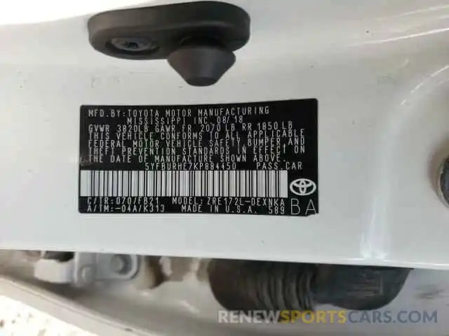 10 Photograph of a damaged car 5YFBURHE7KP884450 TOYOTA COROLLA 2019