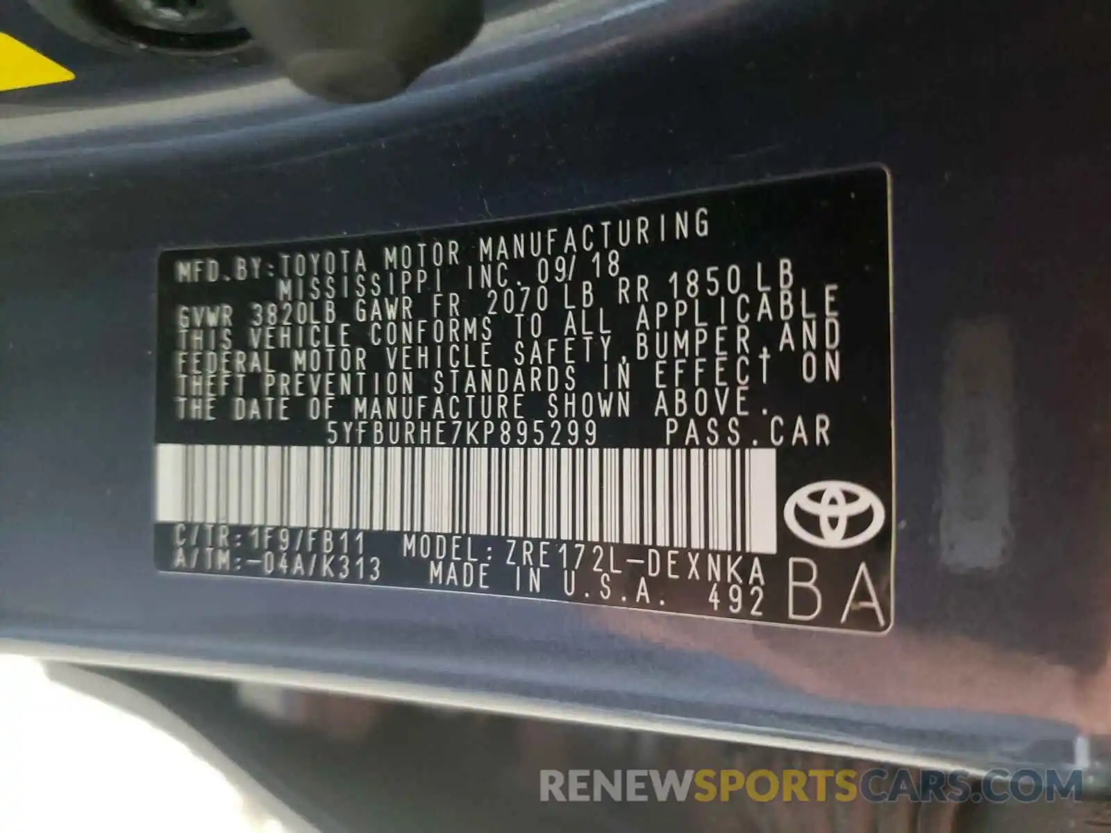 10 Photograph of a damaged car 5YFBURHE7KP895299 TOYOTA COROLLA 2019