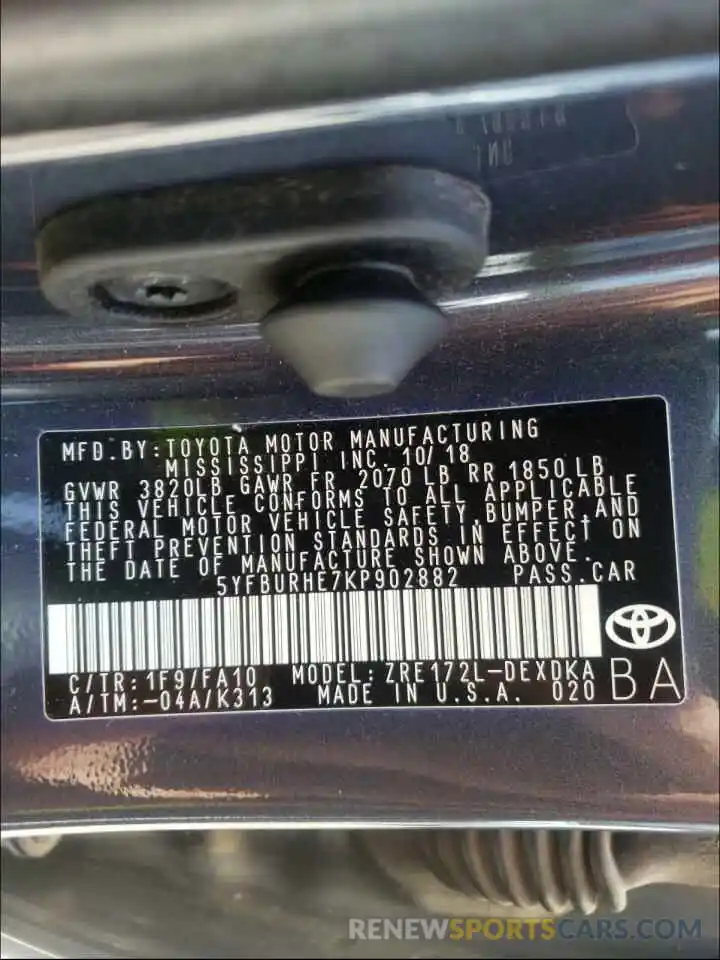 10 Photograph of a damaged car 5YFBURHE7KP902882 TOYOTA COROLLA 2019