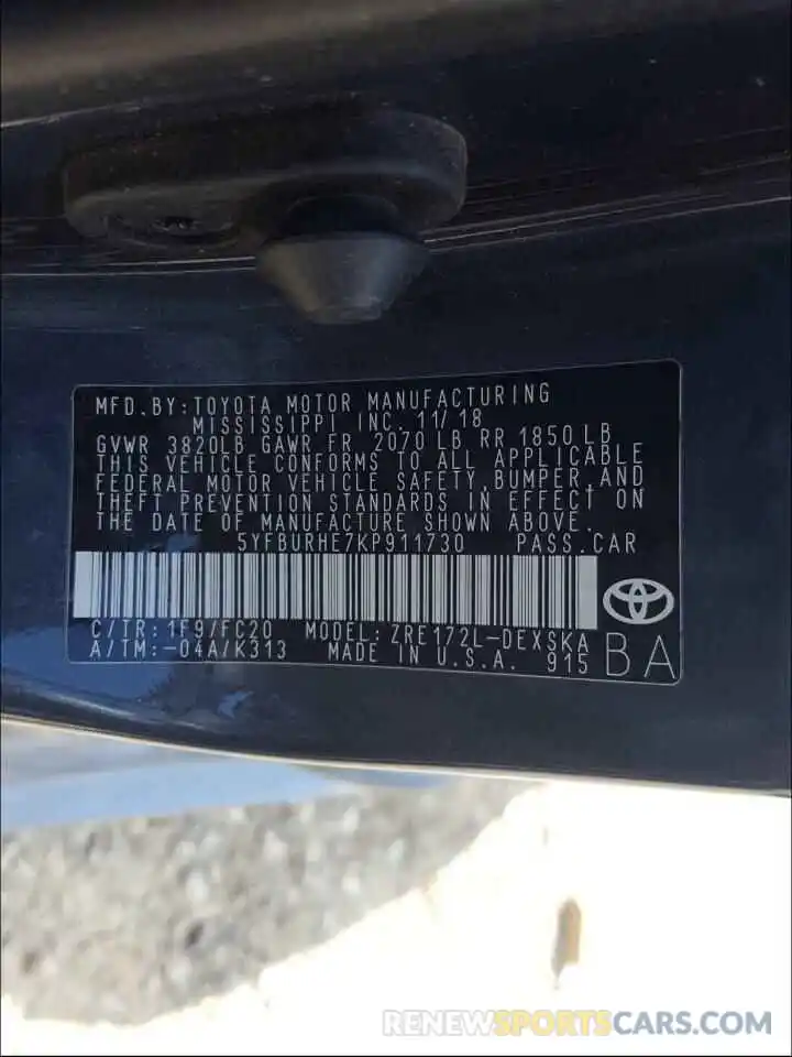 10 Photograph of a damaged car 5YFBURHE7KP911730 TOYOTA COROLLA 2019