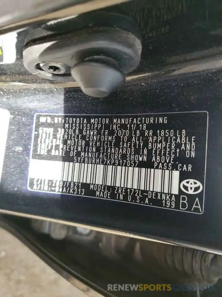 10 Photograph of a damaged car 5YFBURHE7KP917057 TOYOTA COROLLA 2019