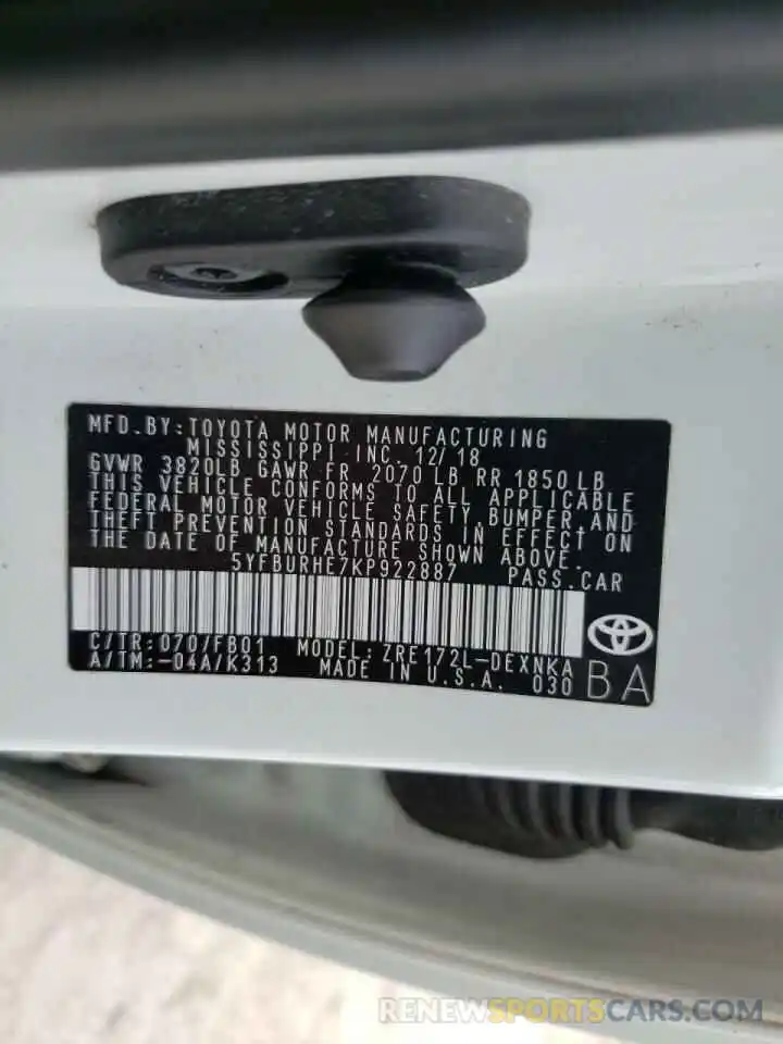 10 Photograph of a damaged car 5YFBURHE7KP922887 TOYOTA COROLLA 2019