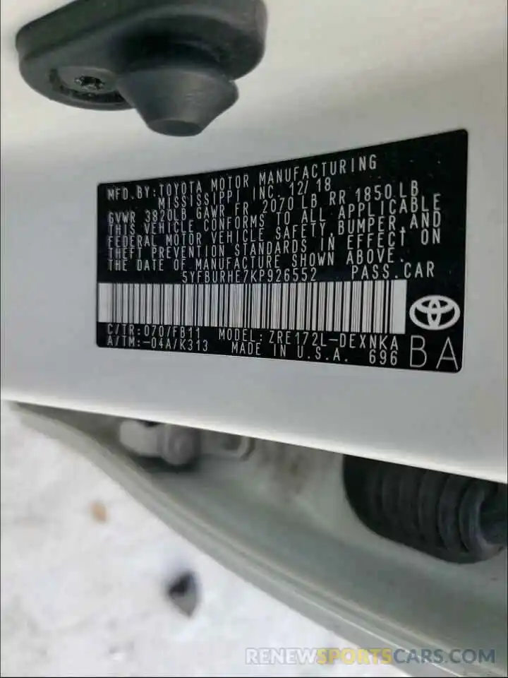 10 Photograph of a damaged car 5YFBURHE7KP926552 TOYOTA COROLLA 2019