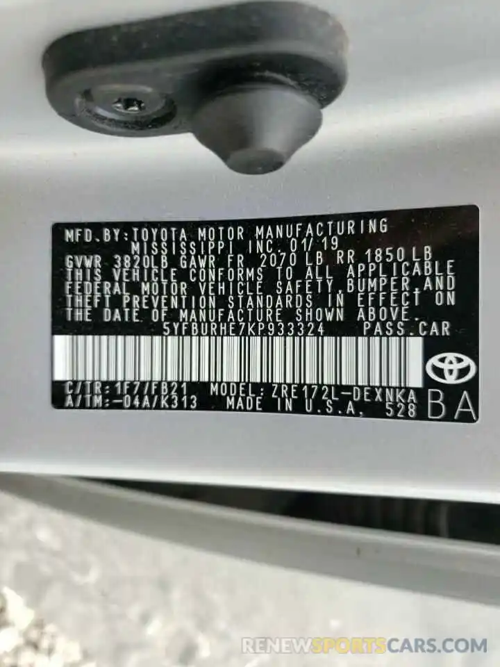 10 Photograph of a damaged car 5YFBURHE7KP933324 TOYOTA COROLLA 2019