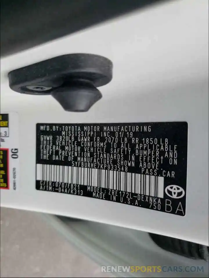 10 Photograph of a damaged car 5YFBURHE7KP933548 TOYOTA COROLLA 2019