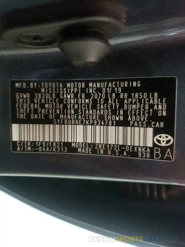 10 Photograph of a damaged car 5YFBURHE7KP934781 TOYOTA COROLLA 2019