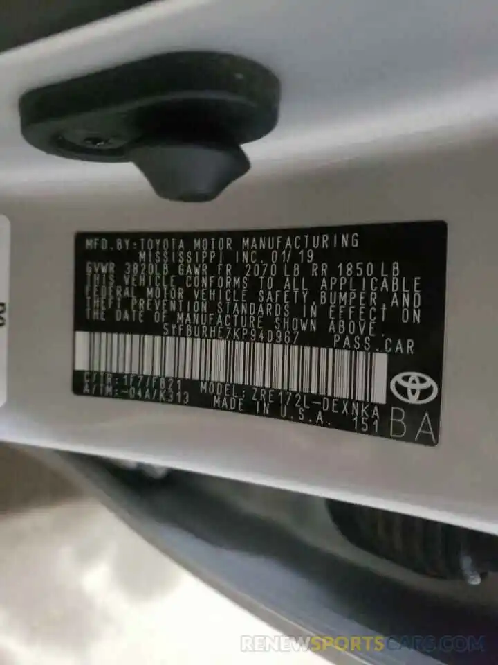 10 Photograph of a damaged car 5YFBURHE7KP940967 TOYOTA COROLLA 2019