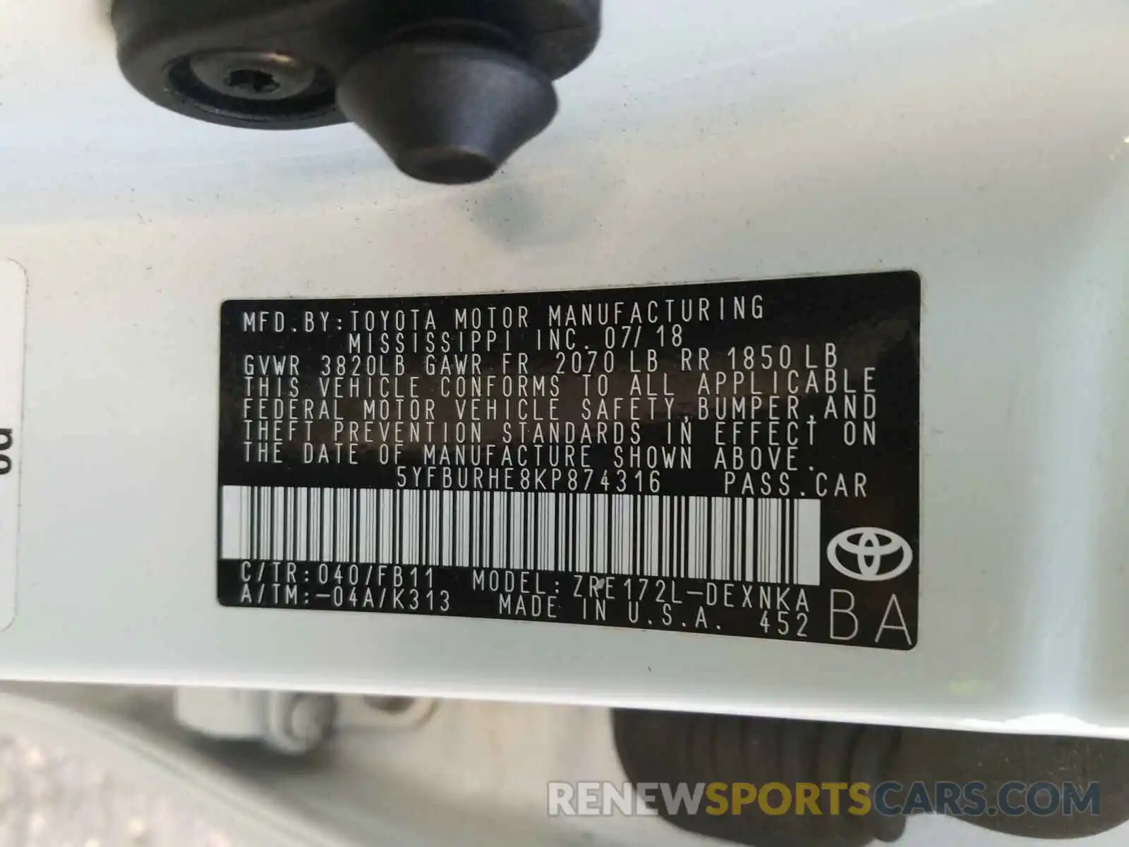 10 Photograph of a damaged car 5YFBURHE8KP874316 TOYOTA COROLLA 2019