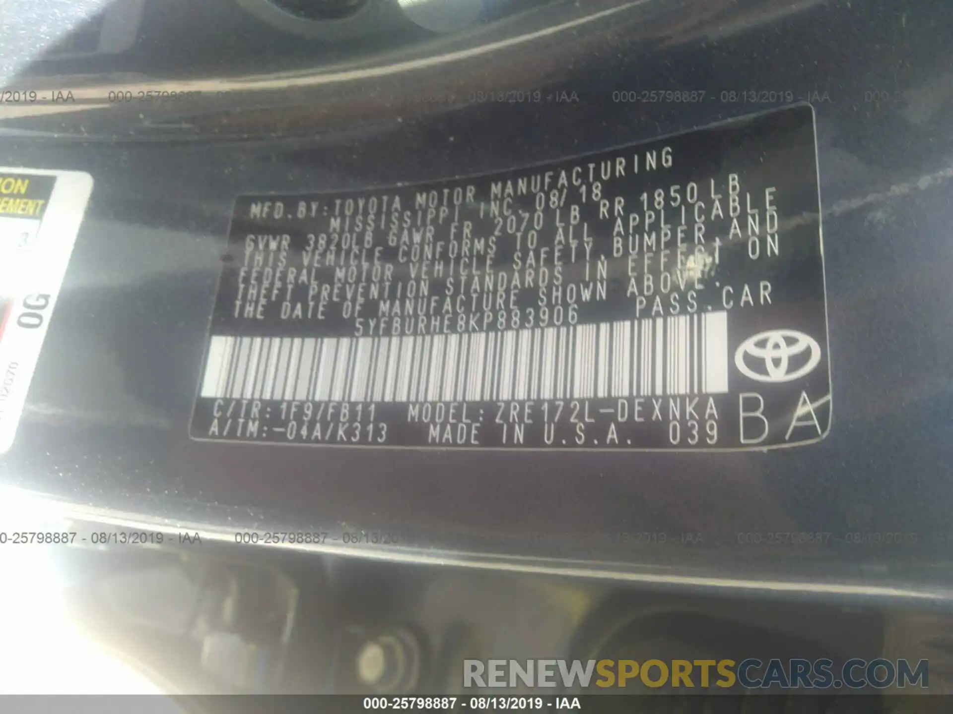 9 Photograph of a damaged car 5YFBURHE8KP883906 TOYOTA COROLLA 2019