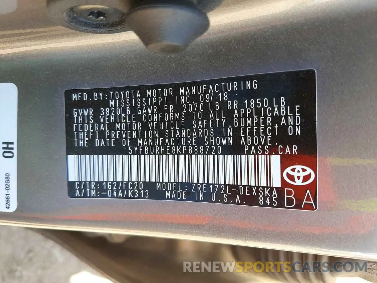 10 Photograph of a damaged car 5YFBURHE8KP888720 TOYOTA COROLLA 2019