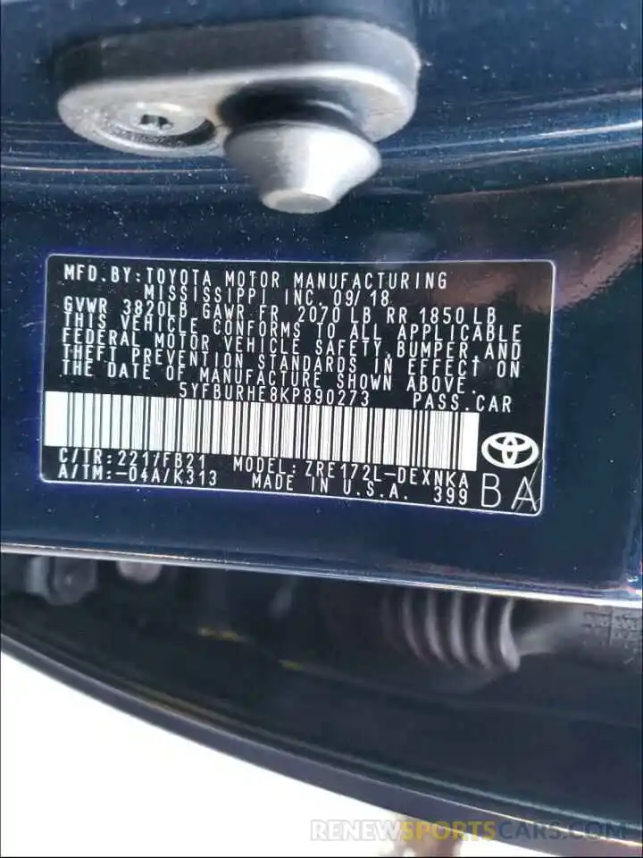 10 Photograph of a damaged car 5YFBURHE8KP890273 TOYOTA COROLLA 2019