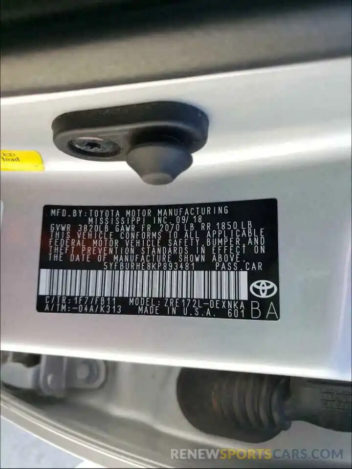 10 Photograph of a damaged car 5YFBURHE8KP893481 TOYOTA COROLLA 2019