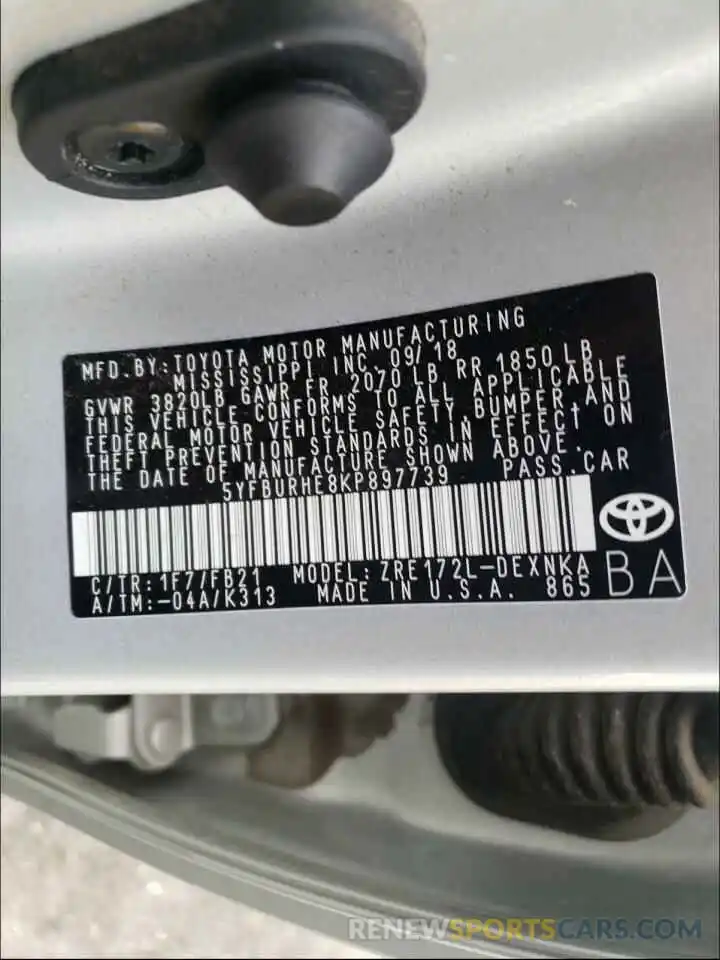 10 Photograph of a damaged car 5YFBURHE8KP897739 TOYOTA COROLLA 2019