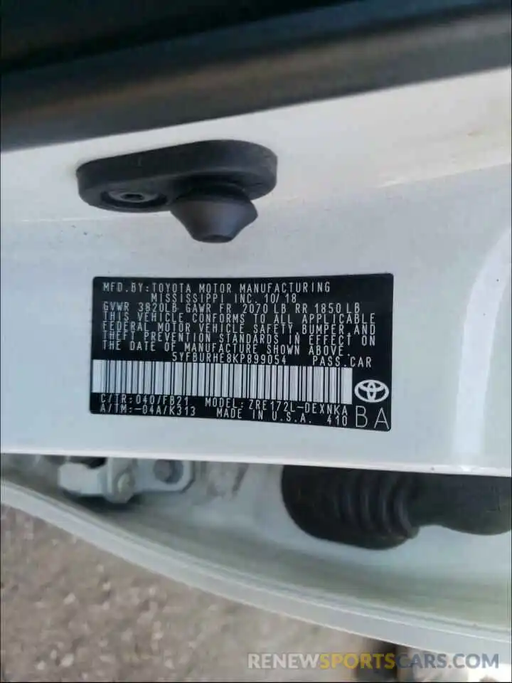 10 Photograph of a damaged car 5YFBURHE8KP899054 TOYOTA COROLLA 2019