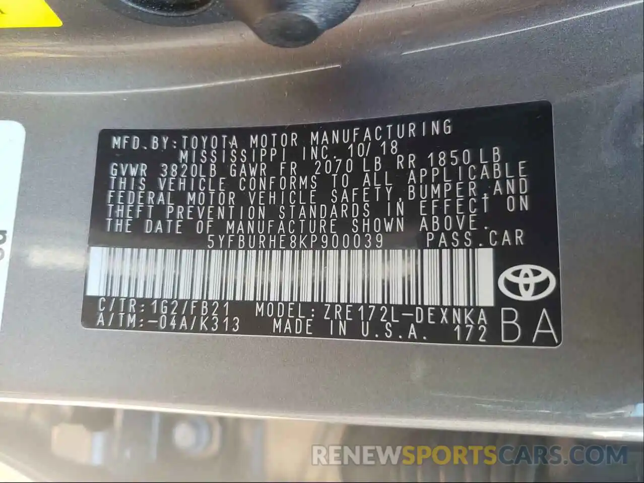 10 Photograph of a damaged car 5YFBURHE8KP900039 TOYOTA COROLLA 2019