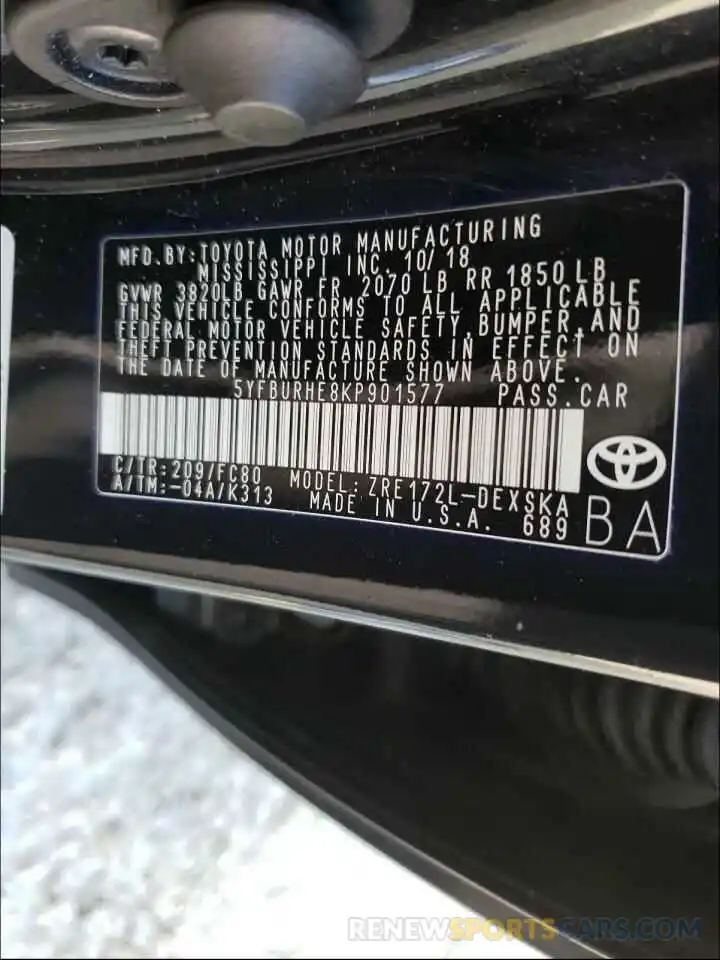 10 Photograph of a damaged car 5YFBURHE8KP901577 TOYOTA COROLLA 2019