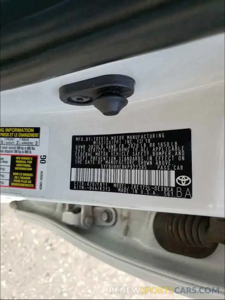 10 Photograph of a damaged car 5YFBURHE8KP922395 TOYOTA COROLLA 2019