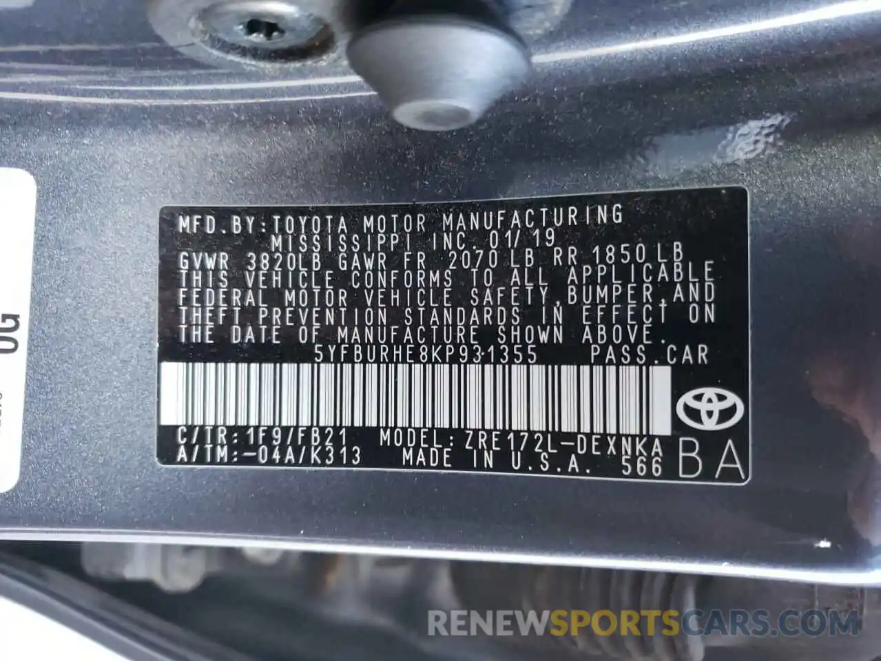 10 Photograph of a damaged car 5YFBURHE8KP931355 TOYOTA COROLLA 2019