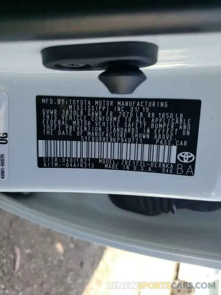 10 Photograph of a damaged car 5YFBURHE8KP940721 TOYOTA COROLLA 2019