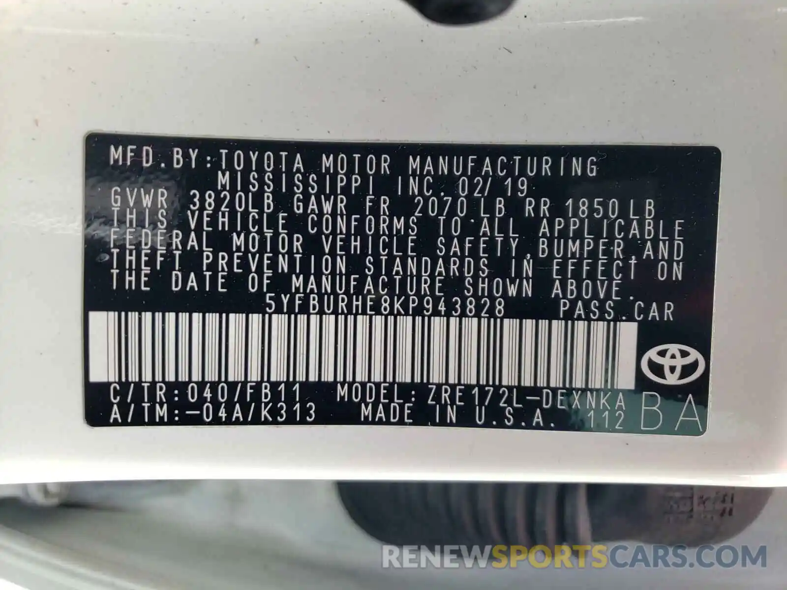 10 Photograph of a damaged car 5YFBURHE8KP943828 TOYOTA COROLLA 2019