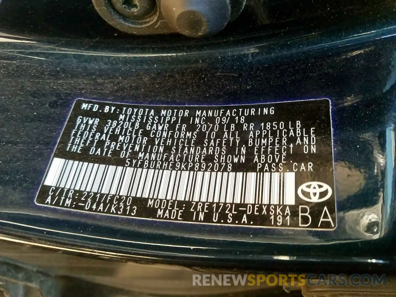 10 Photograph of a damaged car 5YFBURHE9KP892078 TOYOTA COROLLA 2019