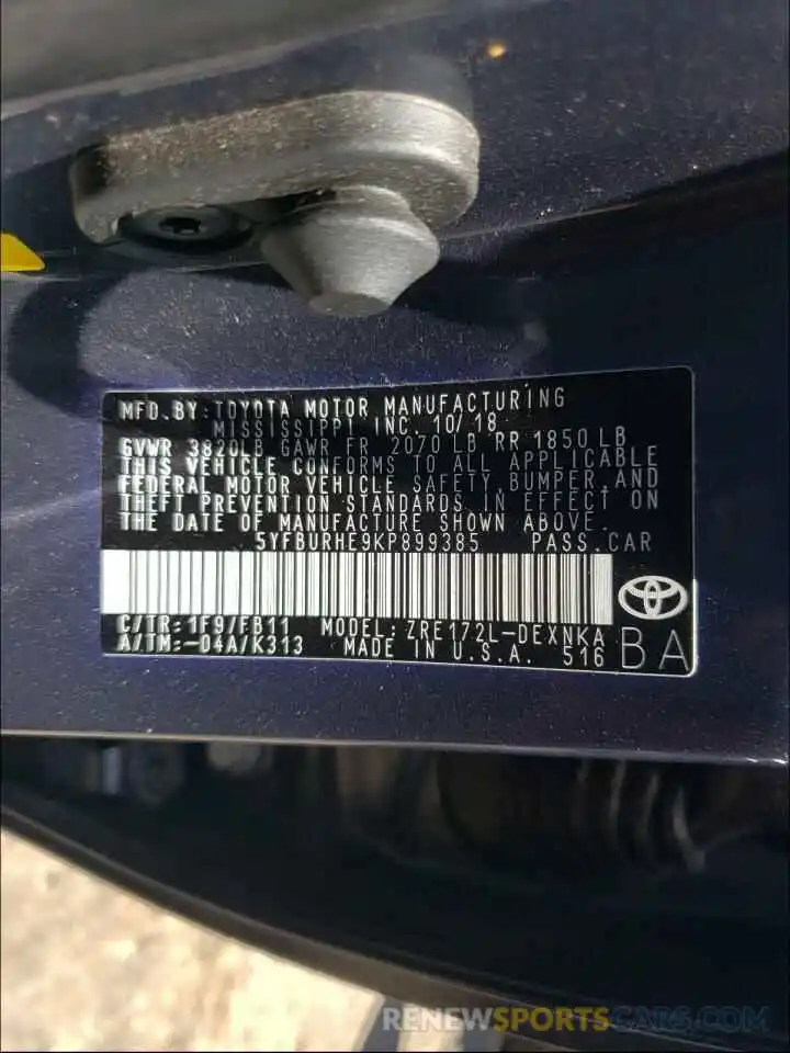 10 Photograph of a damaged car 5YFBURHE9KP899385 TOYOTA COROLLA 2019