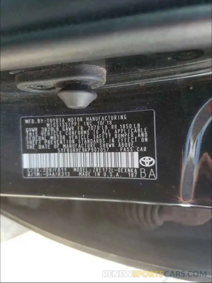 10 Photograph of a damaged car 5YFBURHE9KP902057 TOYOTA COROLLA 2019