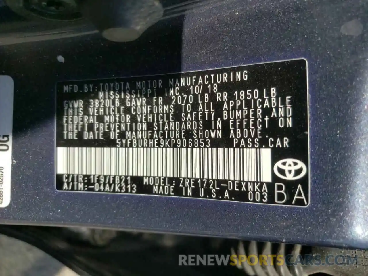 10 Photograph of a damaged car 5YFBURHE9KP906853 TOYOTA COROLLA 2019