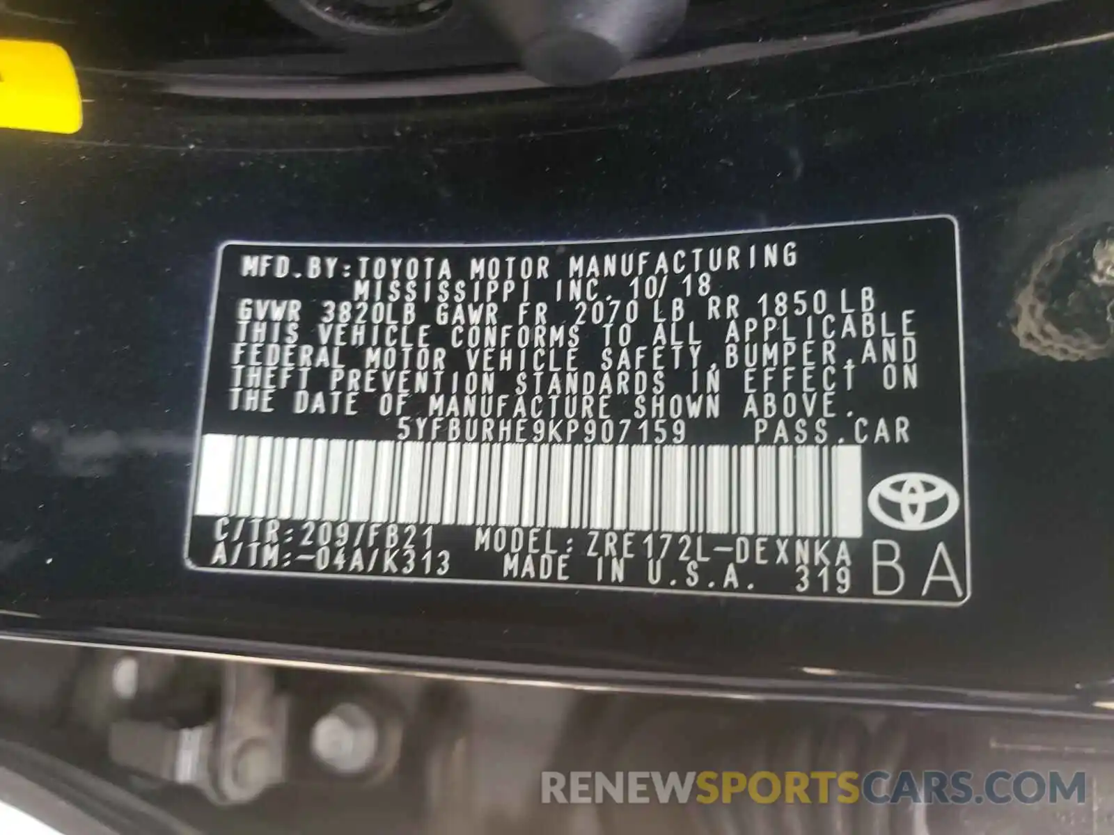 10 Photograph of a damaged car 5YFBURHE9KP907159 TOYOTA COROLLA 2019