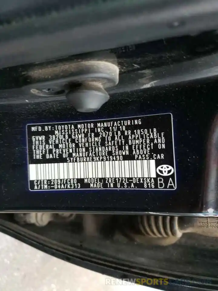 10 Photograph of a damaged car 5YFBURHE9KP919490 TOYOTA COROLLA 2019