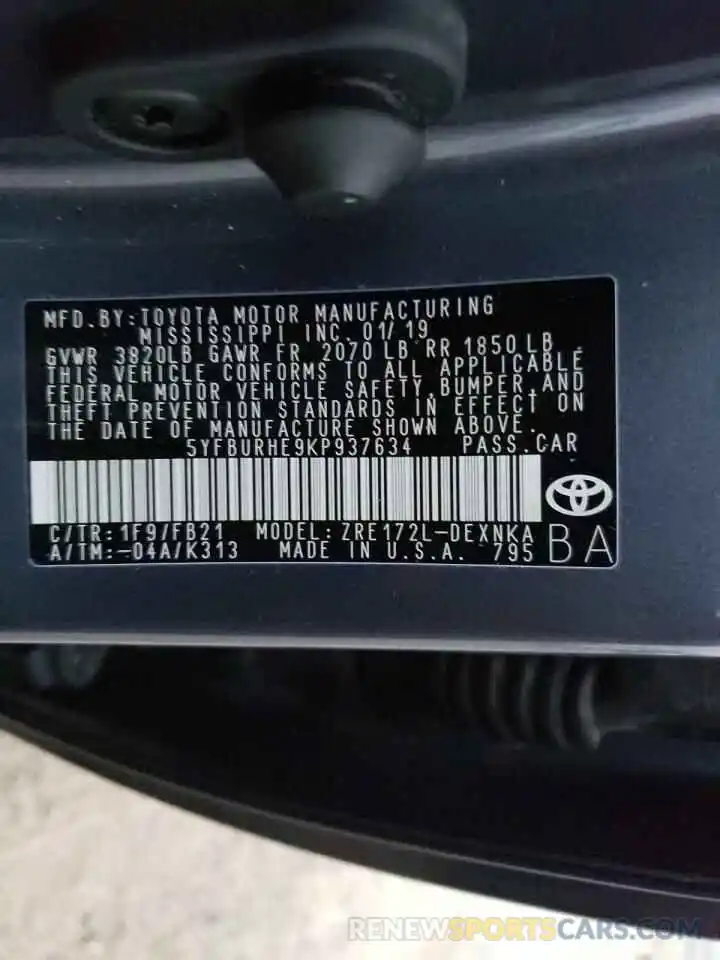 10 Photograph of a damaged car 5YFBURHE9KP937634 TOYOTA COROLLA 2019