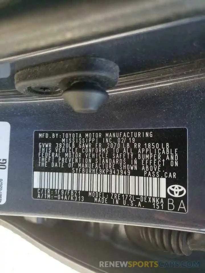 10 Photograph of a damaged car 5YFBURHE9KP943949 TOYOTA COROLLA 2019