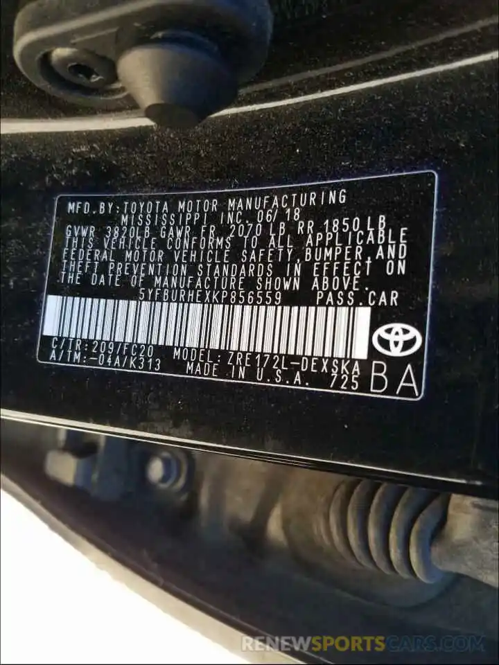 10 Photograph of a damaged car 5YFBURHEXKP856559 TOYOTA COROLLA 2019