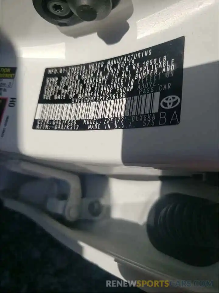 10 Photograph of a damaged car 5YFBURHEXKP858408 TOYOTA COROLLA 2019