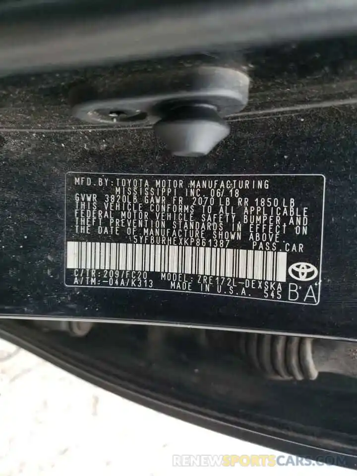 10 Photograph of a damaged car 5YFBURHEXKP861387 TOYOTA COROLLA 2019