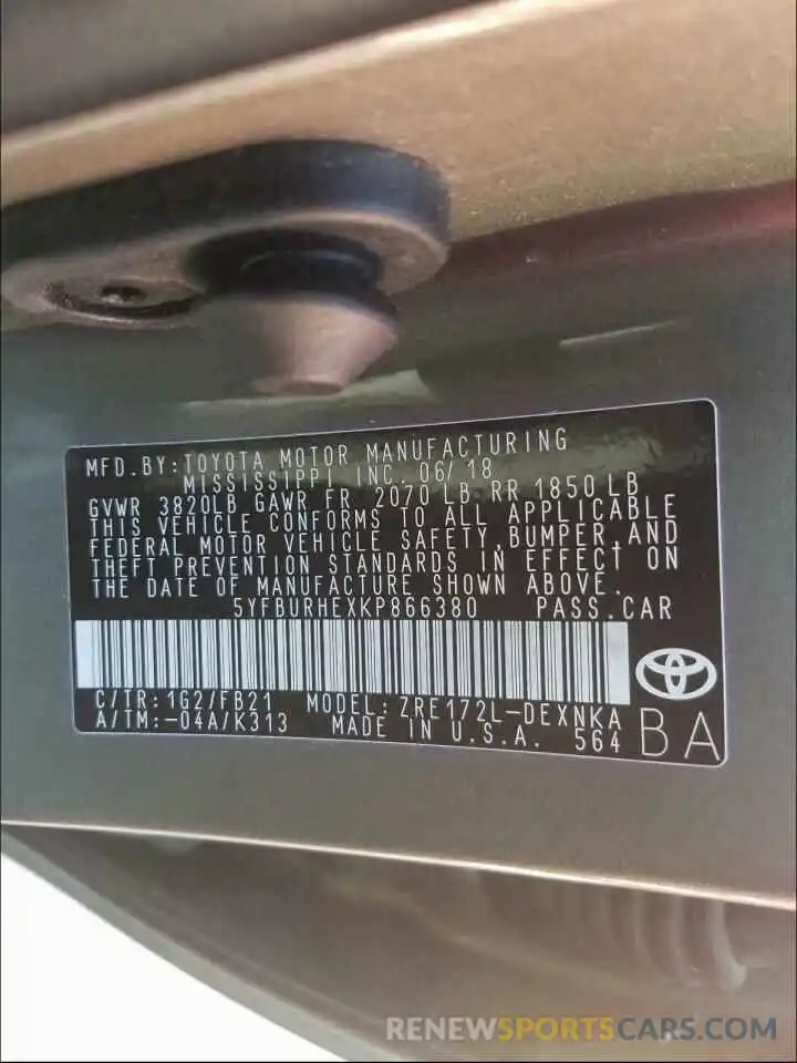 10 Photograph of a damaged car 5YFBURHEXKP866380 TOYOTA COROLLA 2019