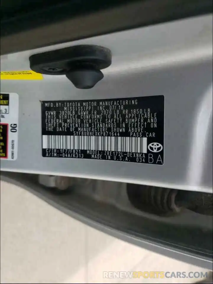 10 Photograph of a damaged car 5YFBURHEXKP871644 TOYOTA COROLLA 2019